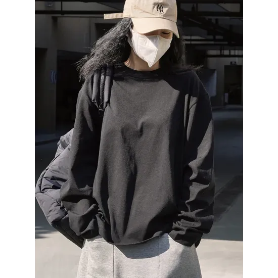 Casual Long Sleeves Loose Solid Color Round-Neck T-Shirts Tops Casual Long Sleeves Loose Solid Color Round-Neck T-Shirts Tops