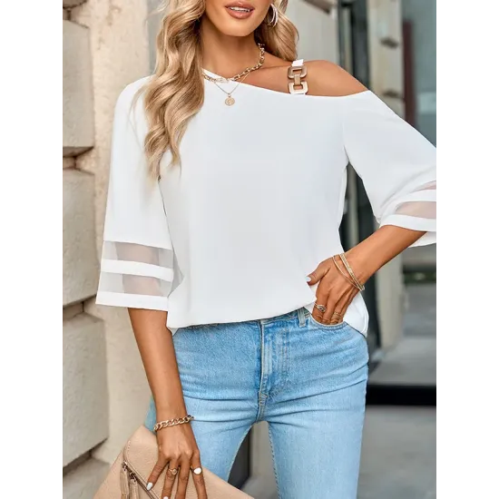Casual Loose Half Sleeves Solid Color One-Shoulder T-Shirts Tops Casual Loose Half Sleeves Solid Color One-Shoulder T-Shirts Tops