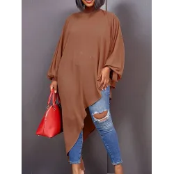 Loose See-Through Long Sleeves Asymmetric Solid Color High-Neck T-Shirts Tops
