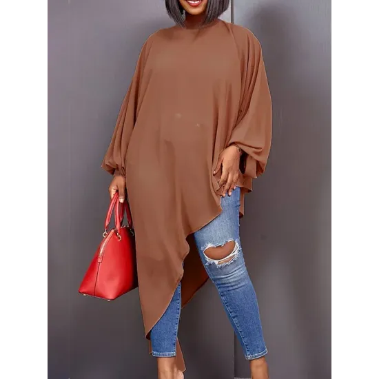 Loose See-Through Long Sleeves Asymmetric Solid Color High-Neck T-Shirts Tops Loose See-Through Long Sleeves Asymmetric Solid Color High-Neck T-Shirts Tops