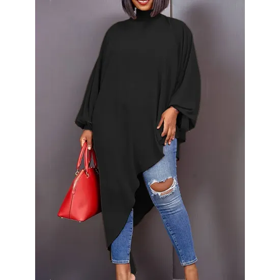 Loose See-Through Long Sleeves Asymmetric Solid Color High-Neck T-Shirts Tops Loose See-Through Long Sleeves Asymmetric Solid Color High-Neck T-Shirts Tops