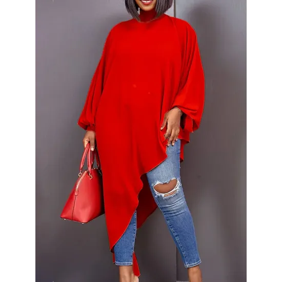 Loose See-Through Long Sleeves Asymmetric Solid Color High-Neck T-Shirts Tops Loose See-Through Long Sleeves Asymmetric Solid Color High-Neck T-Shirts Tops