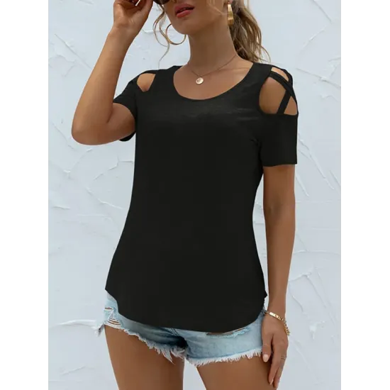 Original Creation Short Sleeves Hollow Solid Color Round-Neck T-Shirts Tops Original Creation Short Sleeves Hollow Solid Color Round-Neck T-Shirts Tops