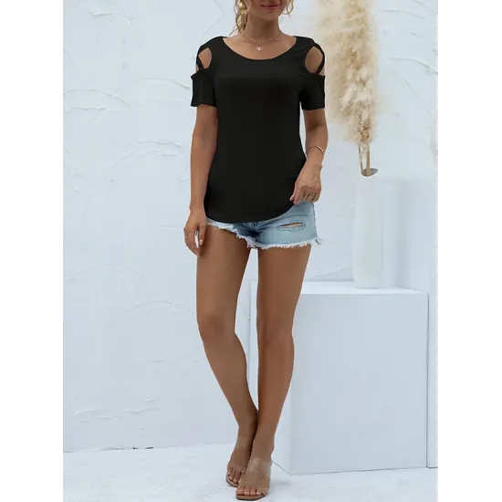 Original Creation Short Sleeves Hollow Solid Color Round-Neck T-Shirts Tops Original Creation Short Sleeves Hollow Solid Color Round-Neck T-Shirts Tops