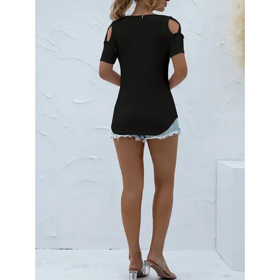 Original Creation Short Sleeves Hollow Solid Color Round-Neck T-Shirts Tops Original Creation Short Sleeves Hollow Solid Color Round-Neck T-Shirts Tops
