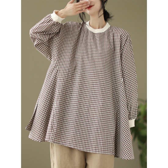 Puff Sleeves Irregularity Plaid Split-Joint Round-Neck T-Shirts Tops Puff Sleeves Irregularity Plaid Split-Joint Round-Neck T-Shirts Tops