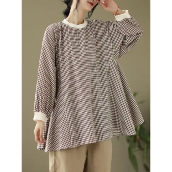 Puff Sleeves Irregularity Plaid Split-Joint Round-Neck T-Shirts Tops Puff Sleeves Irregularity Plaid Split-Joint Round-Neck T-Shirts Tops