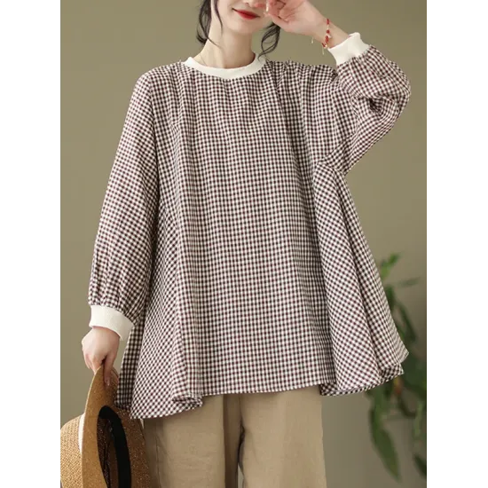 Puff Sleeves Irregularity Plaid Split-Joint Round-Neck T-Shirts Tops Puff Sleeves Irregularity Plaid Split-Joint Round-Neck T-Shirts Tops