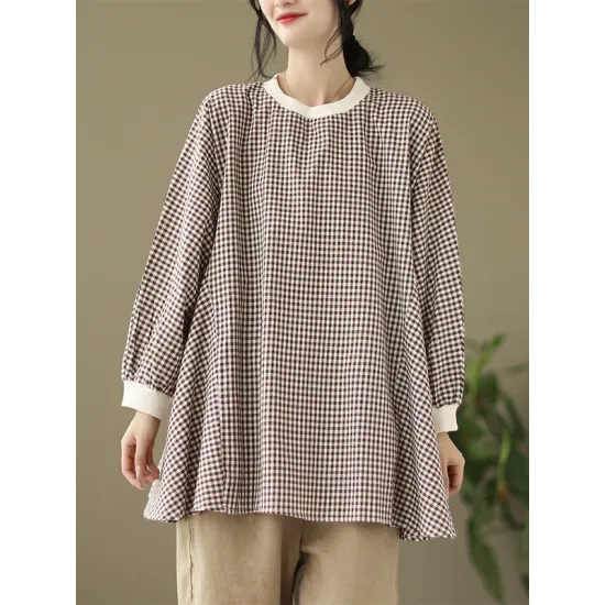 Puff Sleeves Irregularity Plaid Split-Joint Round-Neck T-Shirts Tops Puff Sleeves Irregularity Plaid Split-Joint Round-Neck T-Shirts Tops