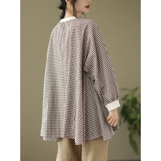 Puff Sleeves Irregularity Plaid Split-Joint Round-Neck T-Shirts Tops Puff Sleeves Irregularity Plaid Split-Joint Round-Neck T-Shirts Tops