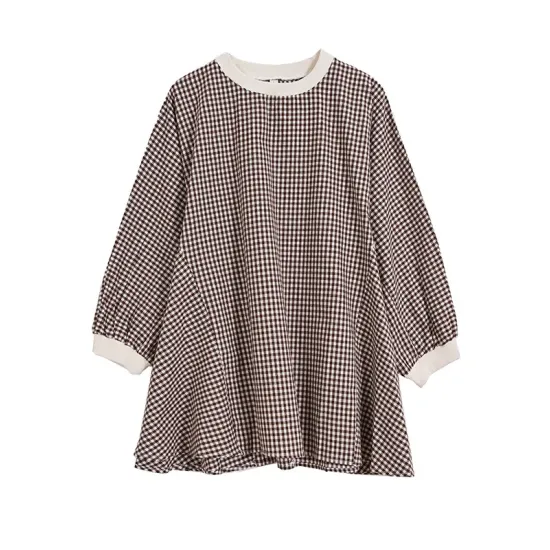 Puff Sleeves Irregularity Plaid Split-Joint Round-Neck T-Shirts Tops Puff Sleeves Irregularity Plaid Split-Joint Round-Neck T-Shirts Tops