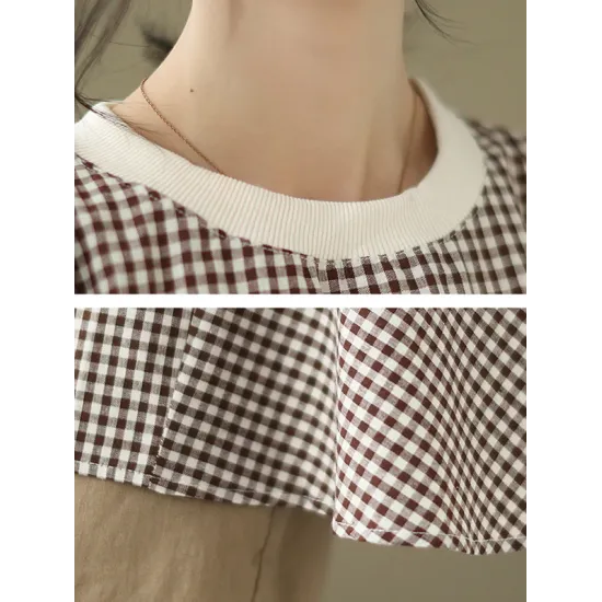 Puff Sleeves Irregularity Plaid Split-Joint Round-Neck T-Shirts Tops Puff Sleeves Irregularity Plaid Split-Joint Round-Neck T-Shirts Tops