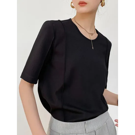 Solid Color Split-Joint Half Sleeves Round-neck T-Shirts Tops Solid Color Split-Joint Half Sleeves Round-neck T-Shirts Tops