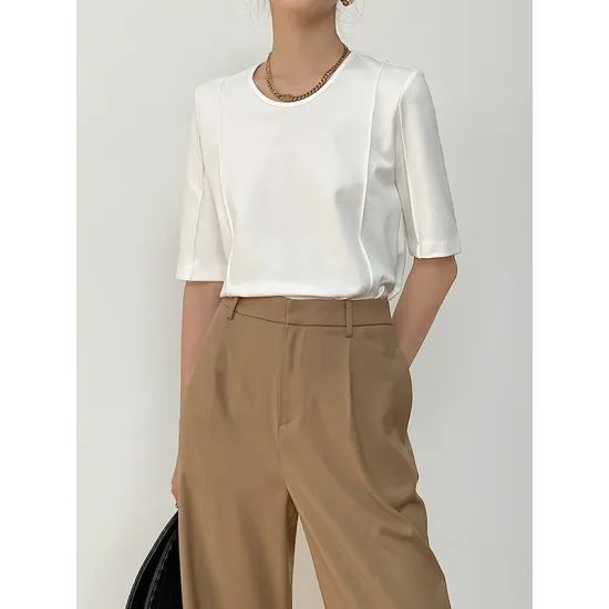 Solid Color Split-Joint Half Sleeves Round-neck T-Shirts Tops Solid Color Split-Joint Half Sleeves Round-neck T-Shirts Tops