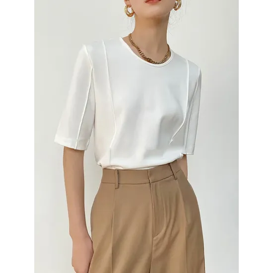 Solid Color Split-Joint Half Sleeves Round-neck T-Shirts Tops Solid Color Split-Joint Half Sleeves Round-neck T-Shirts Tops