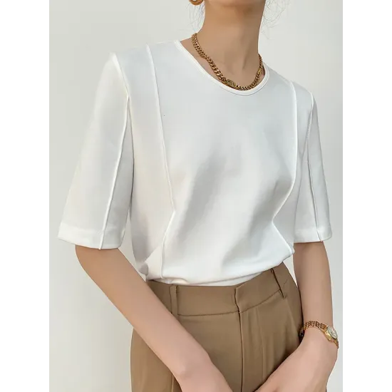 Solid Color Split-Joint Half Sleeves Round-neck T-Shirts Tops Solid Color Split-Joint Half Sleeves Round-neck T-Shirts Tops
