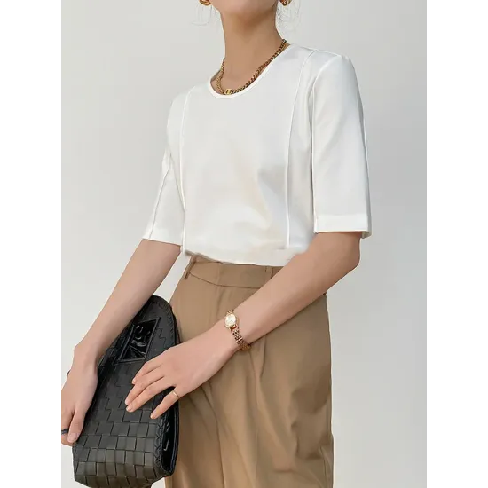 Solid Color Split-Joint Half Sleeves Round-neck T-Shirts Tops Solid Color Split-Joint Half Sleeves Round-neck T-Shirts Tops