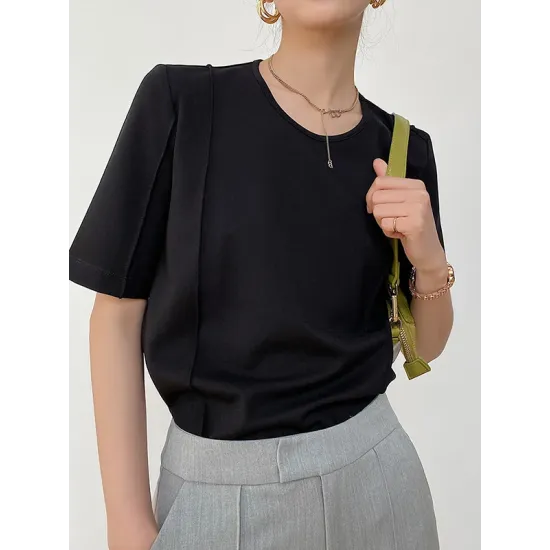 Solid Color Split-Joint Half Sleeves Round-neck T-Shirts Tops Solid Color Split-Joint Half Sleeves Round-neck T-Shirts Tops