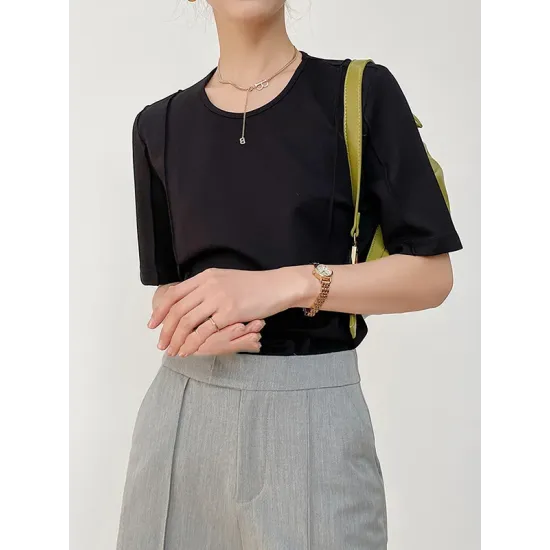 Solid Color Split-Joint Half Sleeves Round-neck T-Shirts Tops Solid Color Split-Joint Half Sleeves Round-neck T-Shirts Tops