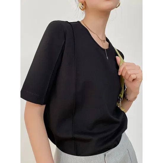 Solid Color Split-Joint Half Sleeves Round-neck T-Shirts Tops Solid Color Split-Joint Half Sleeves Round-neck T-Shirts Tops