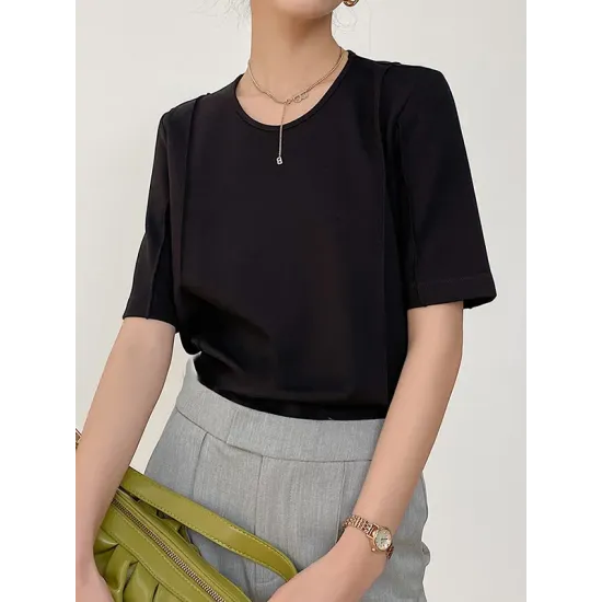 Solid Color Split-Joint Half Sleeves Round-neck T-Shirts Tops Solid Color Split-Joint Half Sleeves Round-neck T-Shirts Tops