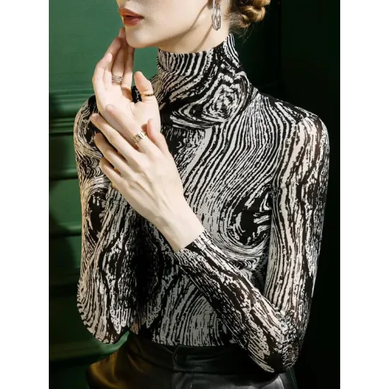 Printed Long Sleeves Skinny High-Neck T-Shirts Printed Long Sleeves Skinny High-Neck T-Shirts