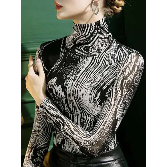 Printed Long Sleeves Skinny High-Neck T-Shirts Printed Long Sleeves Skinny High-Neck T-Shirts