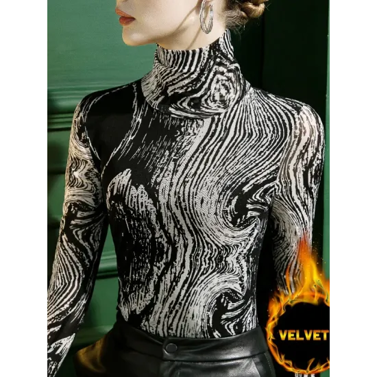 Printed Long Sleeves Skinny High-Neck T-Shirts Printed Long Sleeves Skinny High-Neck T-Shirts