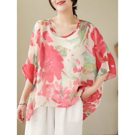 Floral Printed Loose Short Sleeves Round-neck T-shirts Floral Printed Loose Short Sleeves Round-neck T-shirts