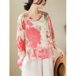 Floral Printed Loose Short Sleeves Round-neck T-shirts