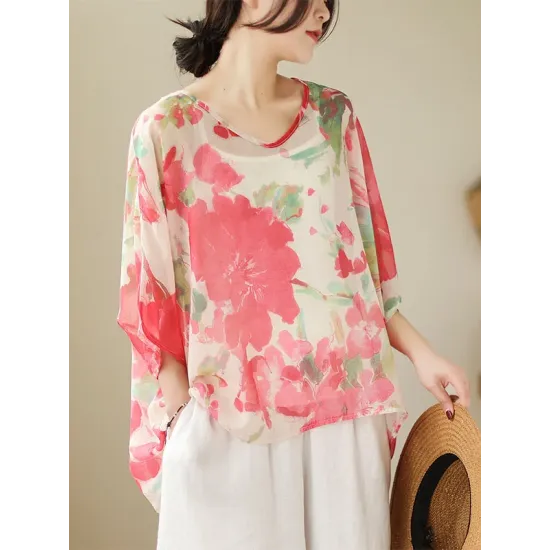 Floral Printed Loose Short Sleeves Round-neck T-shirts Floral Printed Loose Short Sleeves Round-neck T-shirts