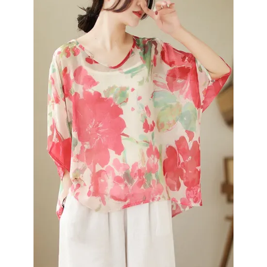 Floral Printed Loose Short Sleeves Round-neck T-shirts Floral Printed Loose Short Sleeves Round-neck T-shirts