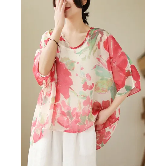 Floral Printed Loose Short Sleeves Round-neck T-shirts Floral Printed Loose Short Sleeves Round-neck T-shirts