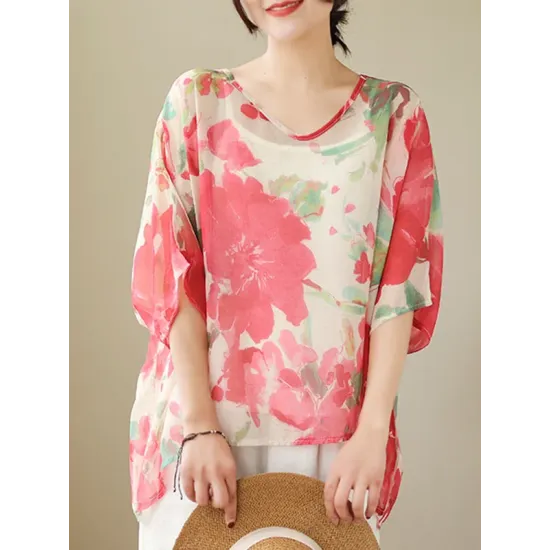 Floral Printed Loose Short Sleeves Round-neck T-shirts Floral Printed Loose Short Sleeves Round-neck T-shirts
