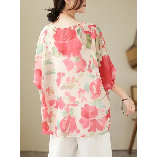 Floral Printed Loose Short Sleeves Round-neck T-shirts Floral Printed Loose Short Sleeves Round-neck T-shirts