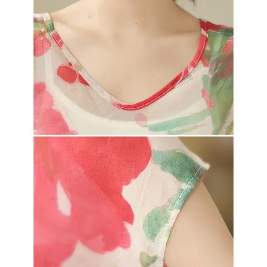 Floral Printed Loose Short Sleeves Round-neck T-shirts Floral Printed Loose Short Sleeves Round-neck T-shirts
