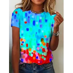 Short Sleeves Gradient Printed Round-Neck T-Shirts Tops