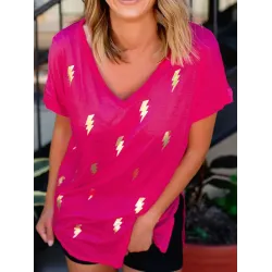 Printed Loose Short Sleeves V-neck T-Shirts Tops