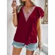 Applique Split-Joint Loose Short Sleeves V-Neck T-Shirts Tops Applique Split-Joint Loose Short Sleeves V-Neck T-Shirts Tops
