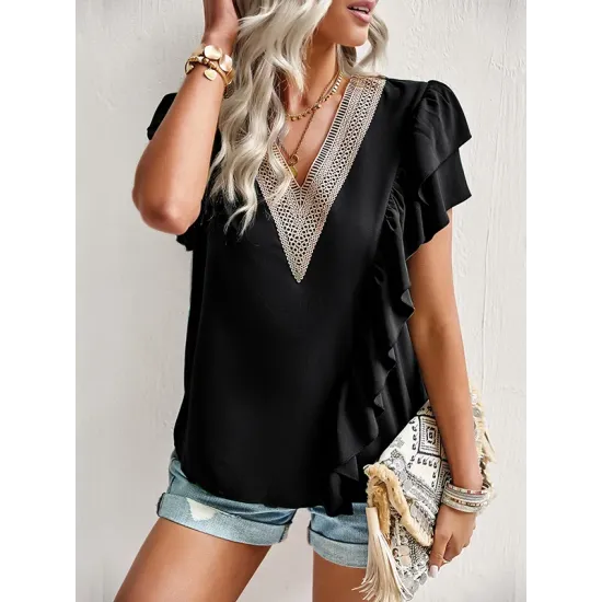 Applique Split-Joint Loose Short Sleeves V-Neck T-Shirts Tops Applique Split-Joint Loose Short Sleeves V-Neck T-Shirts Tops