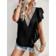 Applique Split-Joint Loose Short Sleeves V-Neck T-Shirts Tops Applique Split-Joint Loose Short Sleeves V-Neck T-Shirts Tops