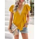 Applique Split-Joint Loose Short Sleeves V-Neck T-Shirts Tops Applique Split-Joint Loose Short Sleeves V-Neck T-Shirts Tops