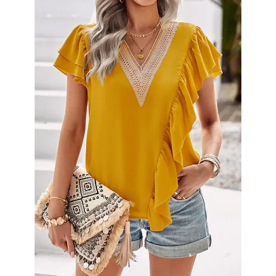 Applique Split-Joint Loose Short Sleeves V-Neck T-Shirts Tops Applique Split-Joint Loose Short Sleeves V-Neck T-Shirts Tops