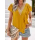 Applique Split-Joint Loose Short Sleeves V-Neck T-Shirts Tops Applique Split-Joint Loose Short Sleeves V-Neck T-Shirts Tops