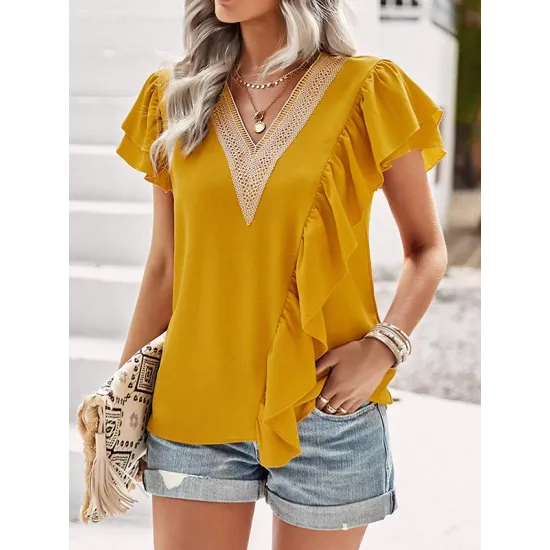 Applique Split-Joint Loose Short Sleeves V-Neck T-Shirts Tops Applique Split-Joint Loose Short Sleeves V-Neck T-Shirts Tops