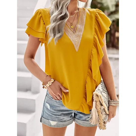 Applique Split-Joint Loose Short Sleeves V-Neck T-Shirts Tops Applique Split-Joint Loose Short Sleeves V-Neck T-Shirts Tops