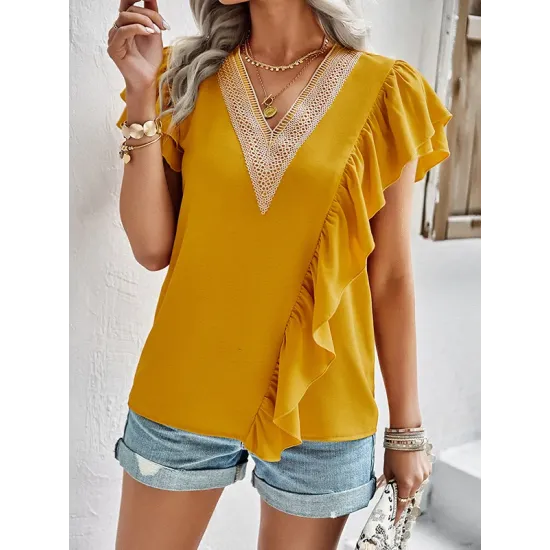 Applique Split-Joint Loose Short Sleeves V-Neck T-Shirts Tops Applique Split-Joint Loose Short Sleeves V-Neck T-Shirts Tops