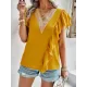 Applique Split-Joint Loose Short Sleeves V-Neck T-Shirts Tops Applique Split-Joint Loose Short Sleeves V-Neck T-Shirts Tops