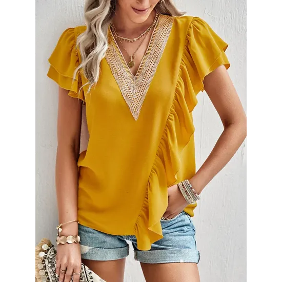 Applique Split-Joint Loose Short Sleeves V-Neck T-Shirts Tops Applique Split-Joint Loose Short Sleeves V-Neck T-Shirts Tops