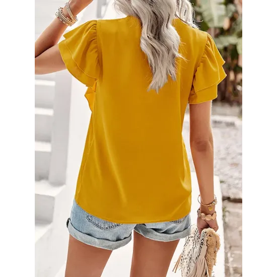 Applique Split-Joint Loose Short Sleeves V-Neck T-Shirts Tops Applique Split-Joint Loose Short Sleeves V-Neck T-Shirts Tops